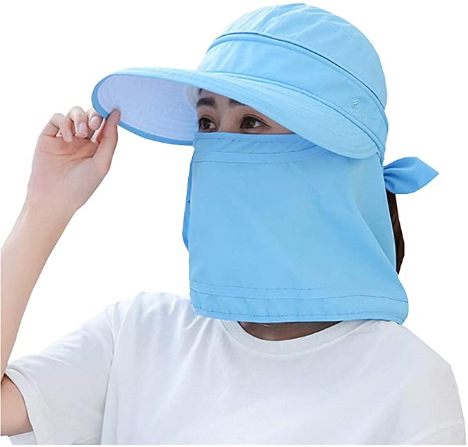 户外 UPF 50+ 紫外线防晒防水透气面部颈部翻盖折叠式男士/女士太阳帽（蓝色）
