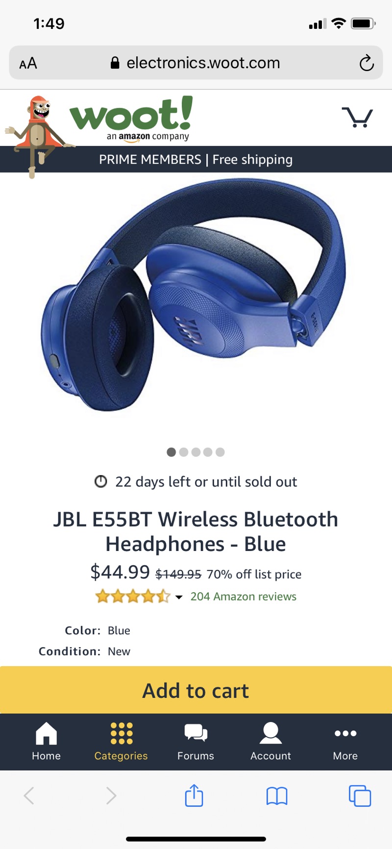耳机JBL E55BT Wireless Bluetooth Headphones - Blue