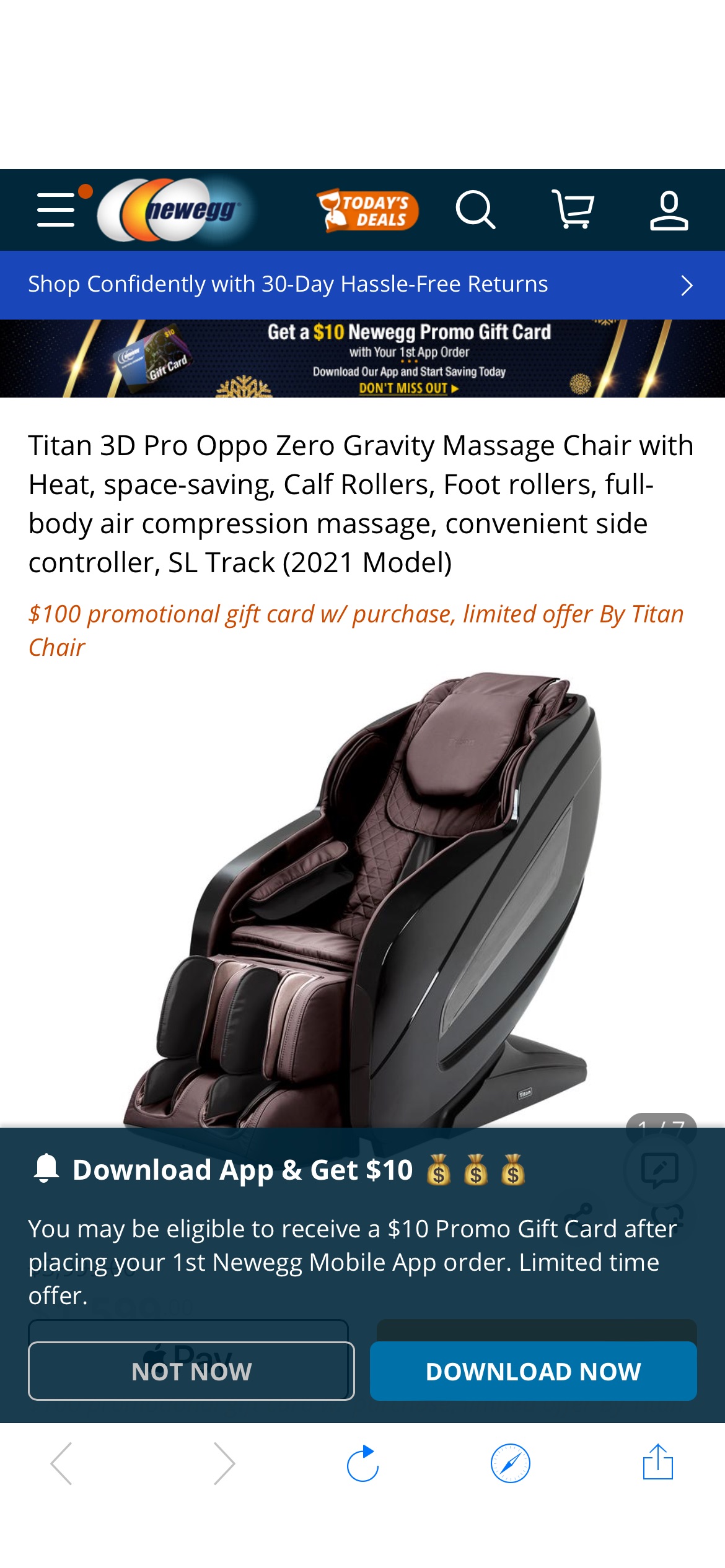 Titan 3D Pro Oppo 零重力按摩椅带加热、节省空间、小腿滚轮、足部滚轮、全身空气压缩按摩、方便的侧控制器、SL 轨道（2​​021 型号）
100 美元促销礼品卡（含购买），限时优惠 By
