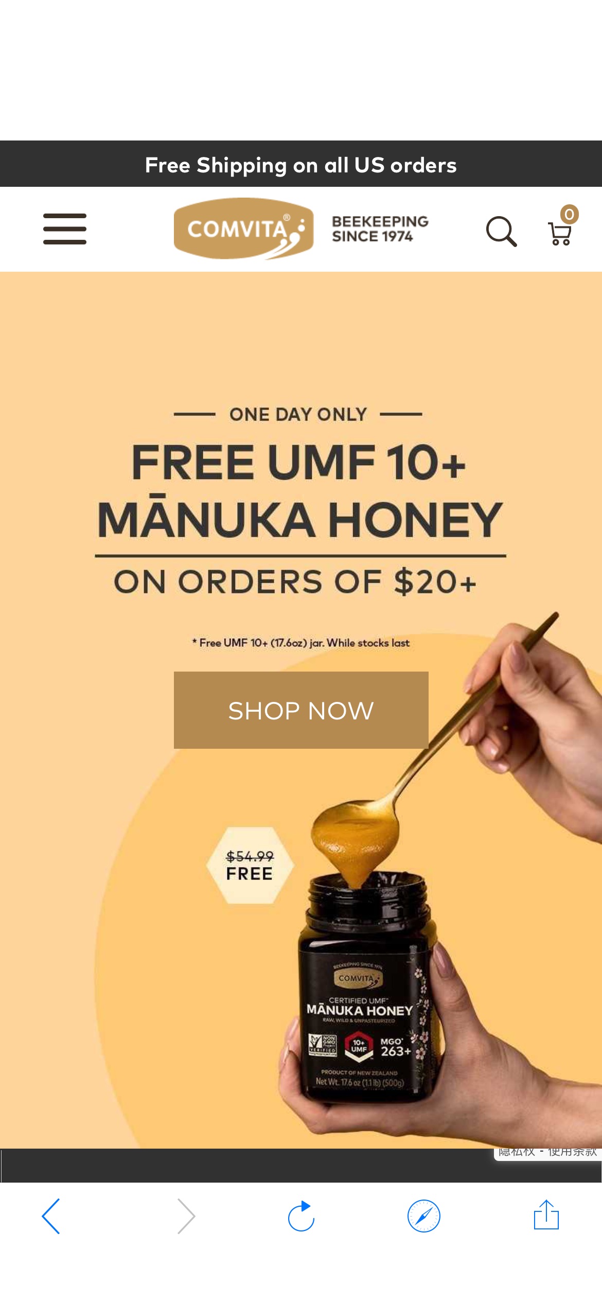 新西兰Comvita官网，消费满$20包邮送MANUKA UMF10+蜂蜜一瓶，价值$54.99