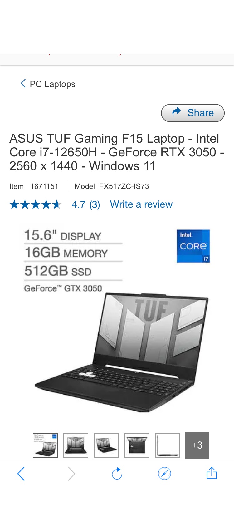 ASUS TUF Gaming F15 Laptop - Intel Core i7-12650H - GeForce RTX 3050 - 2560 x 1440 - Windows 11 | Costco