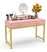 WESTERE新款镜面设计梳妆台，带抽屉和2层置物架的金属腿化妆桌，两色可选