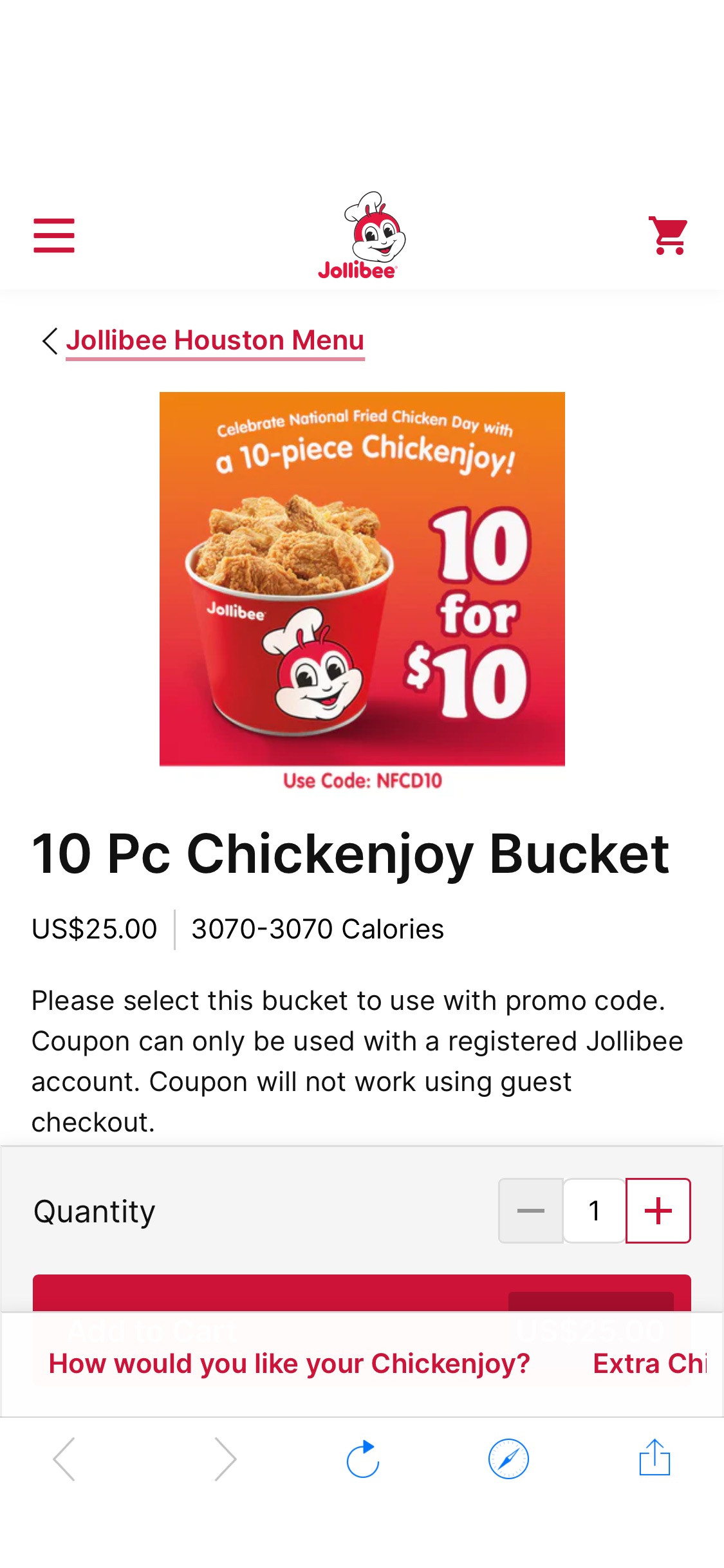 Jollibee - 10 Pc Chickenjoy Bucket 10块炸鸡$10