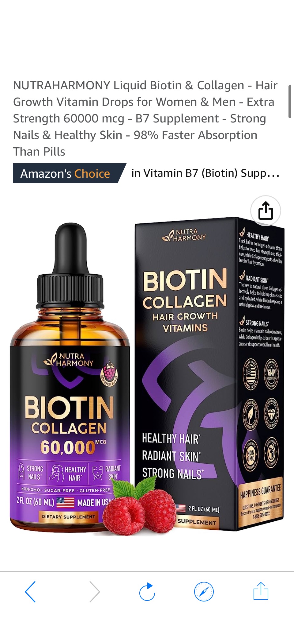 Amazon.com: NUTRAHARMONY Liquid Biotin & Collagen - Hair Growth Vitamin Drops for Women & Men - Extra Strength 60000 mcg - B7 Supplement - Strong Nails & Healthy Skin - 98% Faster Absorption Than Pills : Health & Household原价29.99