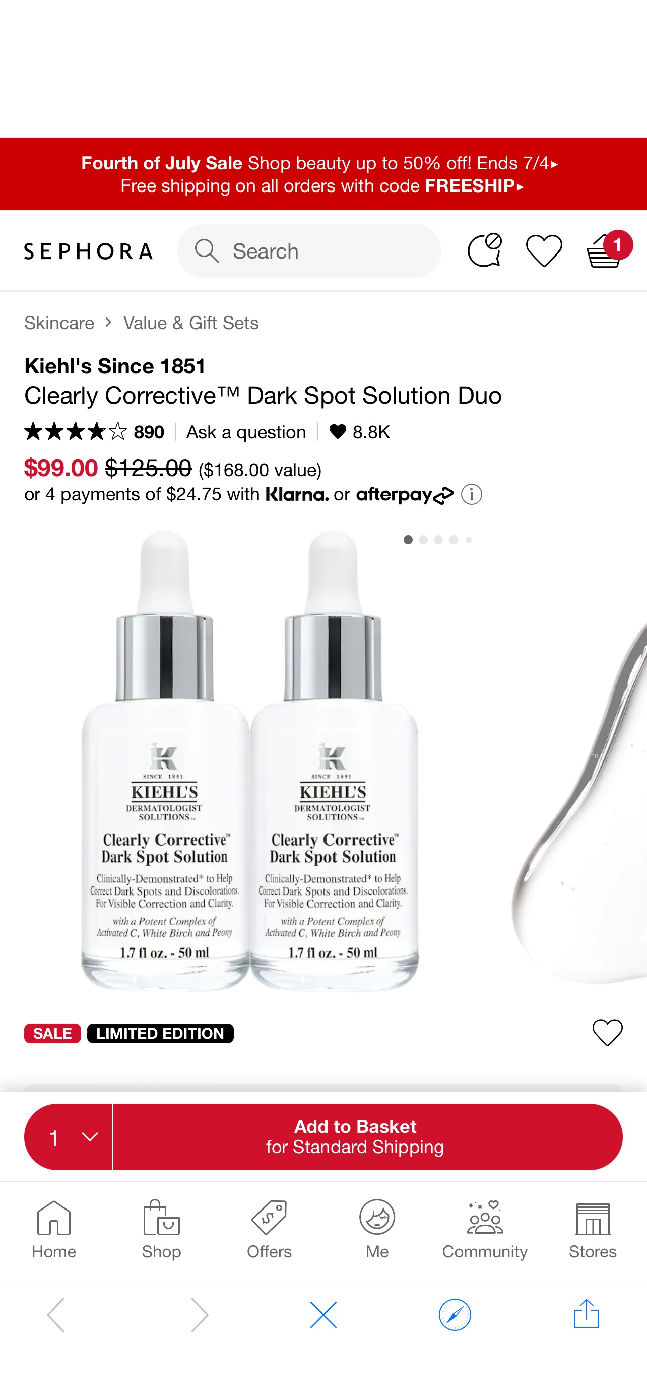 Clearly Corrective™ Dark Spot Solution Duo - Kiehl's Since 1851淡斑精华霜白瓶套装50ml*2 | Sephora
