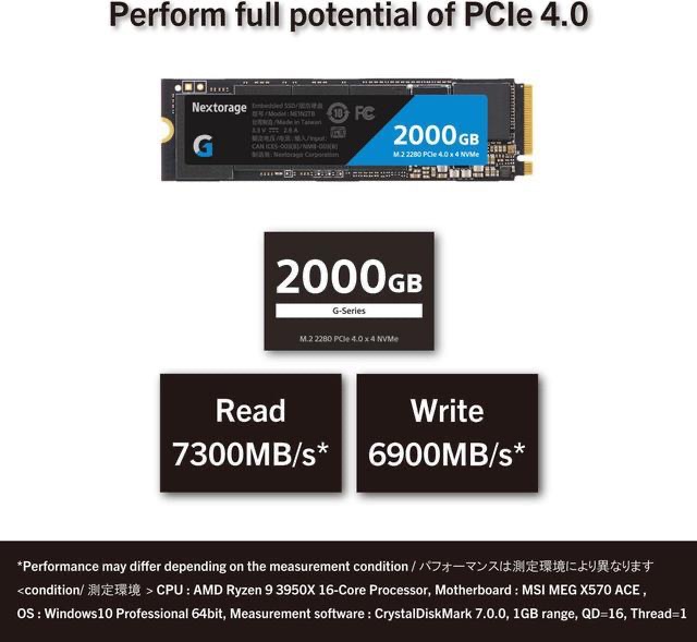 Nextorage Japan 2TB NVMe M.2 2280 PCIe Gen.4 Internal SSD Read Speed up to 7300MB/s Write Speed Up to 6900 MB/s (New G-Series). Read Speed up to 7300MB/s Write Speed Up to 6900 MB/s ( New G series) - 