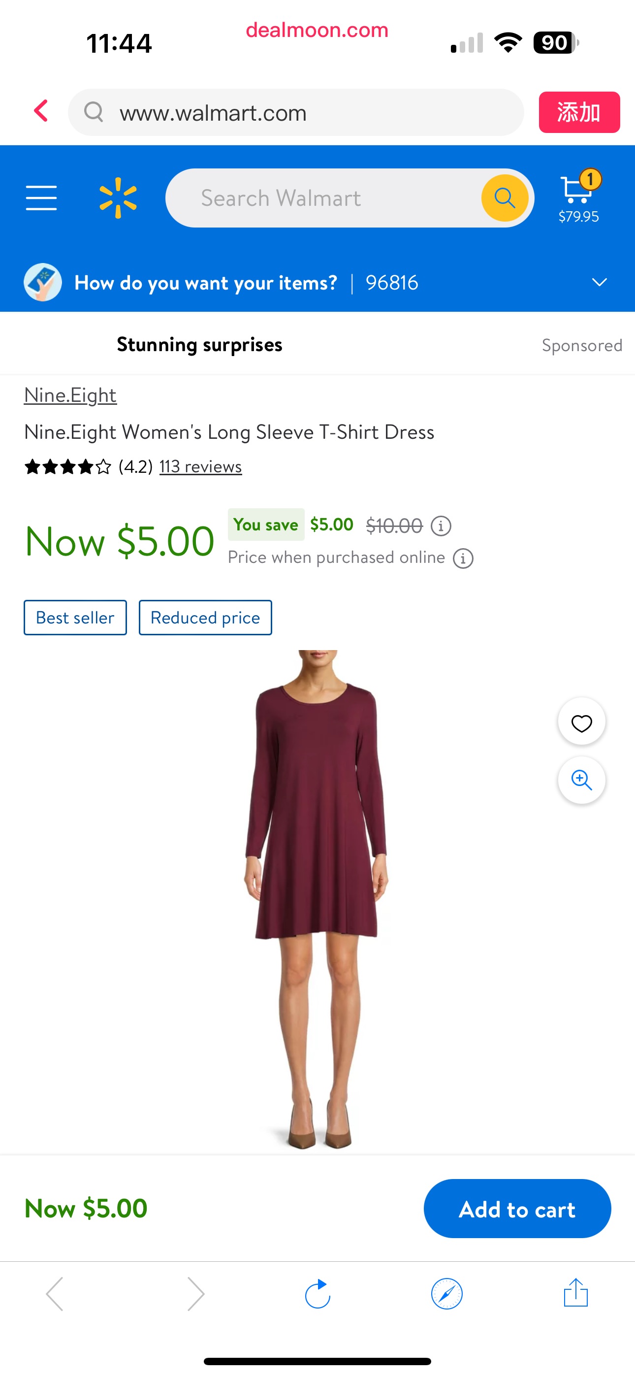 Nine.Eight Women's Long Sleeve T-Shirt Dress - Walmart.com女士长袖连衣裙