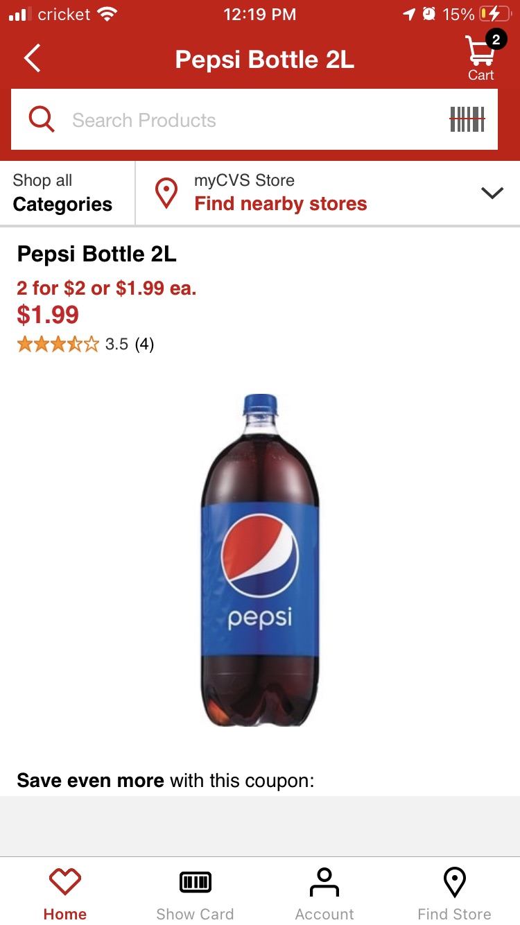 两大瓶百事可乐只需$2 Pepsi Bottle 2L (with Photos, Prices & Reviews) - CVS Pharmacy