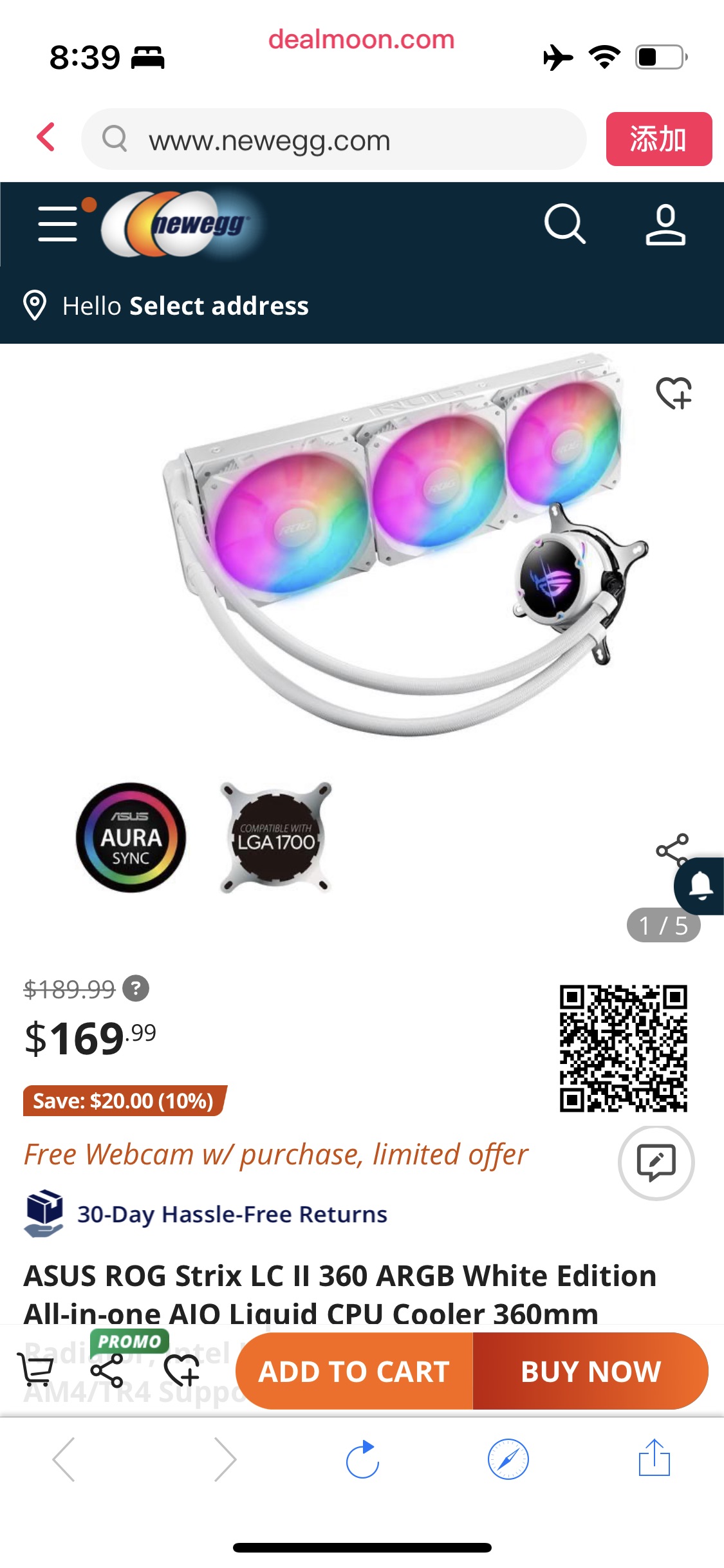 ASUS ROG Strix LC II 360 ARGB White Edition All-in-one AIO Liquid CPU Cooler 360mm Radiator, Intel LGA1700, 115x/2066 and AMD AM4/TR4 Support, Triple 120mm 4-pin PWM Addressable RGB Radiator Fans Wate