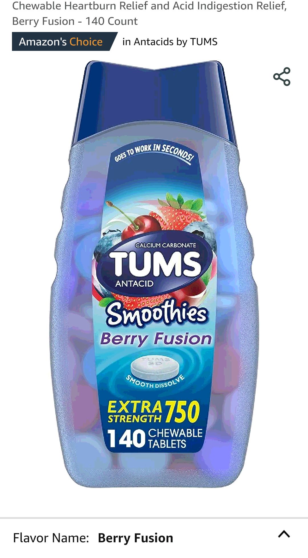 TUMS Smoothies Extra Strength Antacid Tablets for Chewable Heartburn Relief and Acid Indigestion Relief, Berry Fusion - 140 Count : Health & Household