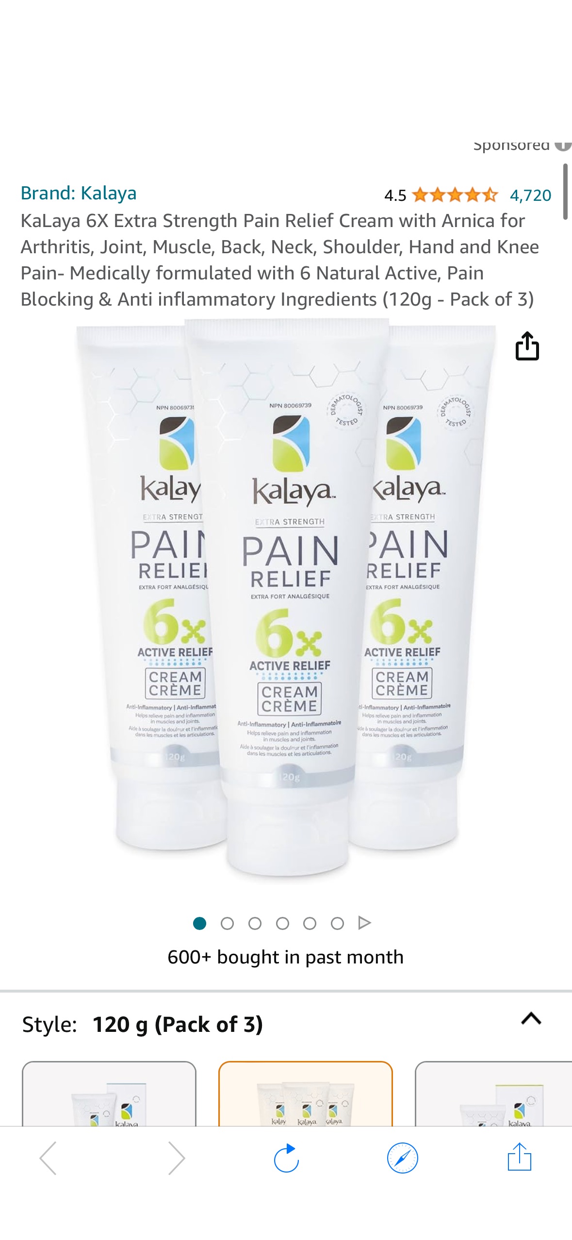 天然，3个装。KaLaya 6X Extra Strength Pain Relief Cream with Arnica for Arthritis, Joint, Muscle, Back, Neck, Shoulder, Hand and Knee Pain- Medically formulated with 6 Natural Active, Pain Blocking & Anti i
