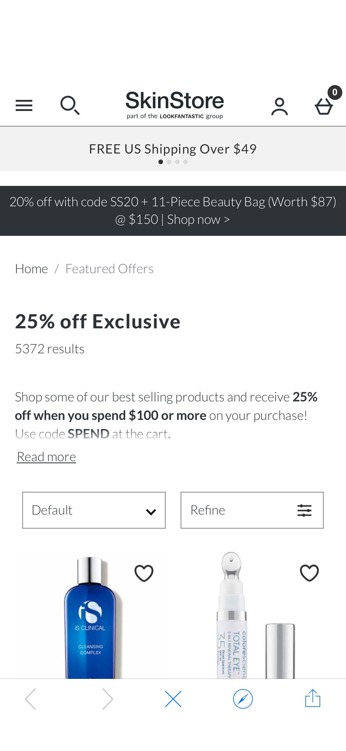 25% off Exclusive | SkinStore满100享受75折 折扣码：spend