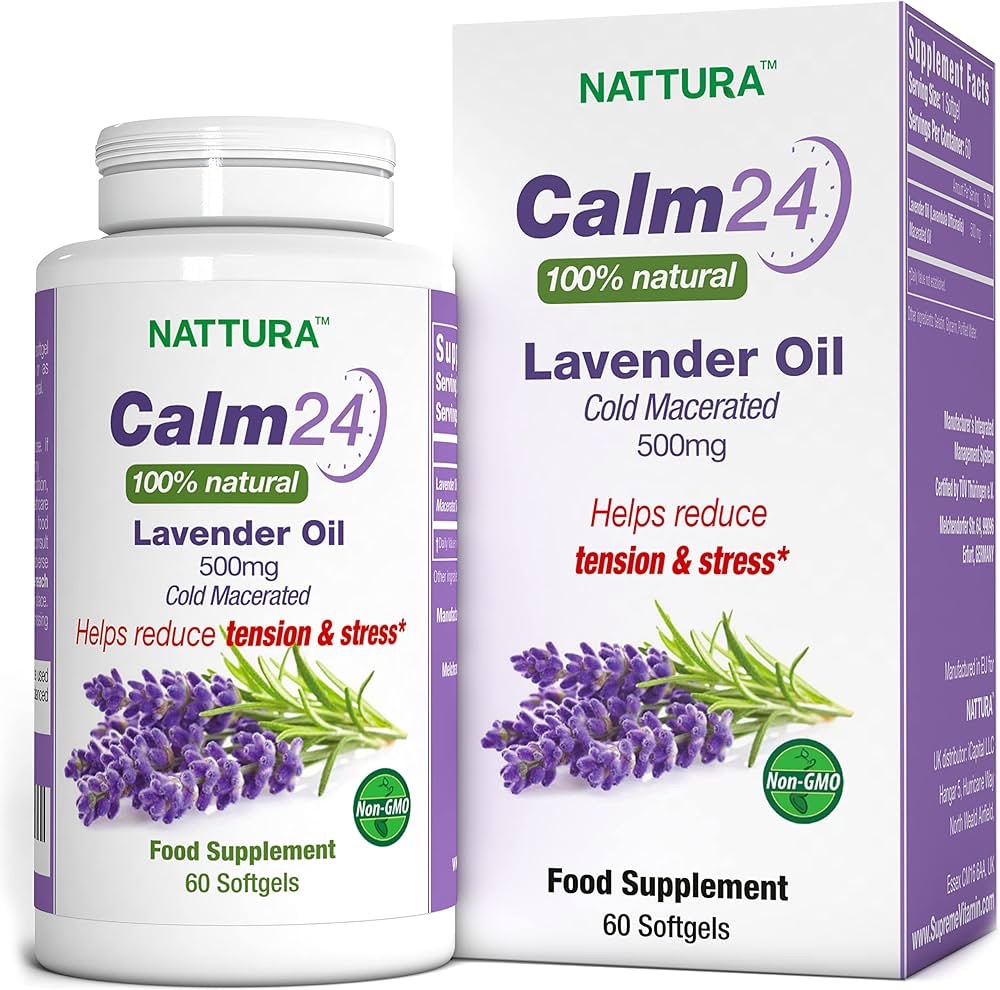 Amazon.com: NATTURA Calm Aid Lavender Oil Pills - 500mg -60 Softgels - 100% Natural, Helps Reduce Stress, Calming for Body & Mind, Non-GMO, Certified Kosher : Health & Household