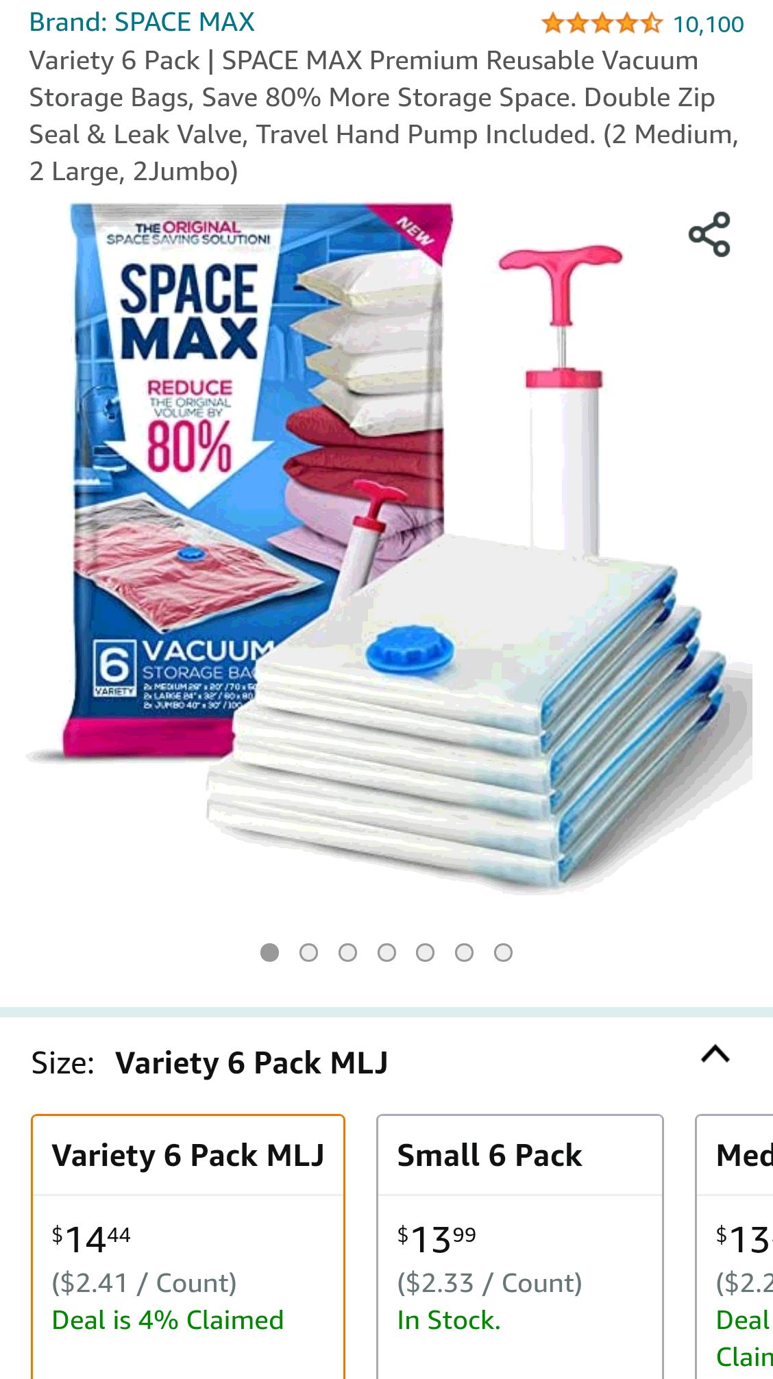 Variety 6 Pack | SPACE MAX Premium Reusable Vacuum Storage Bags, Save 80% More Storage Space. Double Zip Seal & Leak Valve, Travel Hand Pump Included. (2 Medium, 2 Large, 2Jumbo) 真空收纳袋