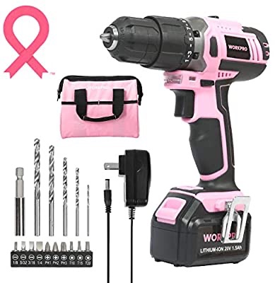 WORKPRO Pink Cordless 20V Lithium-ion Drill Driver Set, 1 Battery, Charger and Storage Bag Included - Pink Ribbon: Home Improvement 电钻套装