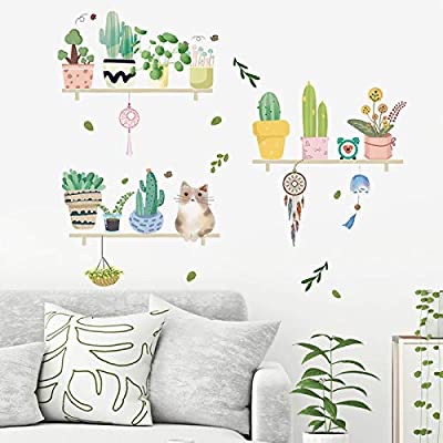 Amazon.com: 卡通仙人掌墙贴花客厅绿色盆栽植物墙贴可爱猫蜂墙贴，幼儿园客厅可移动天然植物壁纸