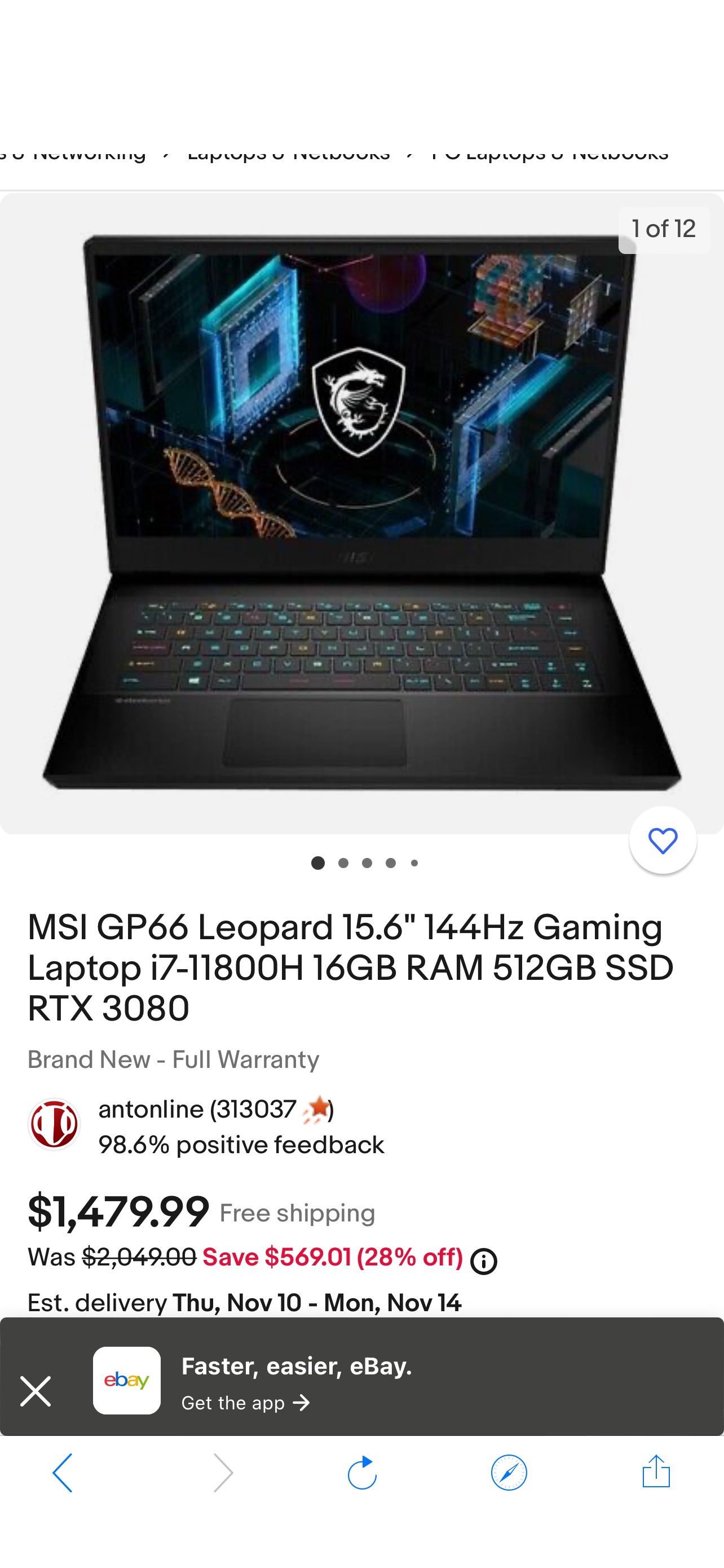 MSI GP66 Leopard 15.6" 144Hz Gaming Laptop i7-11800H 16GB RAM 512GB SSD RTX 3080 | eBay