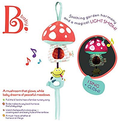 可爱的蘑菇声光床头挂件B. toys – Magical Mellow-Zzzs Nursery Mobile – Musical Pullstring Baby Mobile with Soft Light