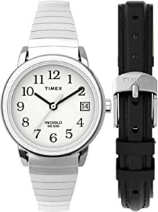 Timex Women's Easy Reader 25mm Watch Box Set – Silver-Tone Case White Dial with Tapered Expansion Band + Black Leather Strap