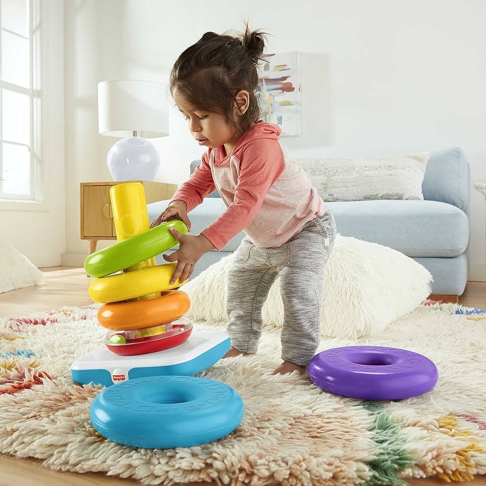 Fisher-Price 幼儿玩具巨型摇滚堆叠，6 个堆叠环，带不倒翁底座，适合 1 岁以上、高 14 英寸以上