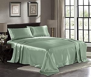 Satin Sheets Queen [4-Piece, Champagne Green] Hotel Luxury Silky Bed Sheets - Extra Soft 1800 Microfiber Sheet Set, Wrinkle, Fade, Stain Resistant - Deep Pocket Fitted Sheet, Flat Sheet, Pillow Cases 