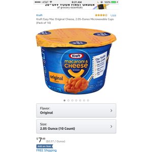 $7.49 Kraft Easy Mac Original Cheese, 2.05-Ounce Microwavable Cups (Pack of 10) 卡夫起司通心粉2.5安士10盒 ，微波炉适用