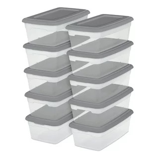 Sterilite Set of (10) 6 Qt. Clear Plastic Storage Boxes with Gray Lids - Walmart.com