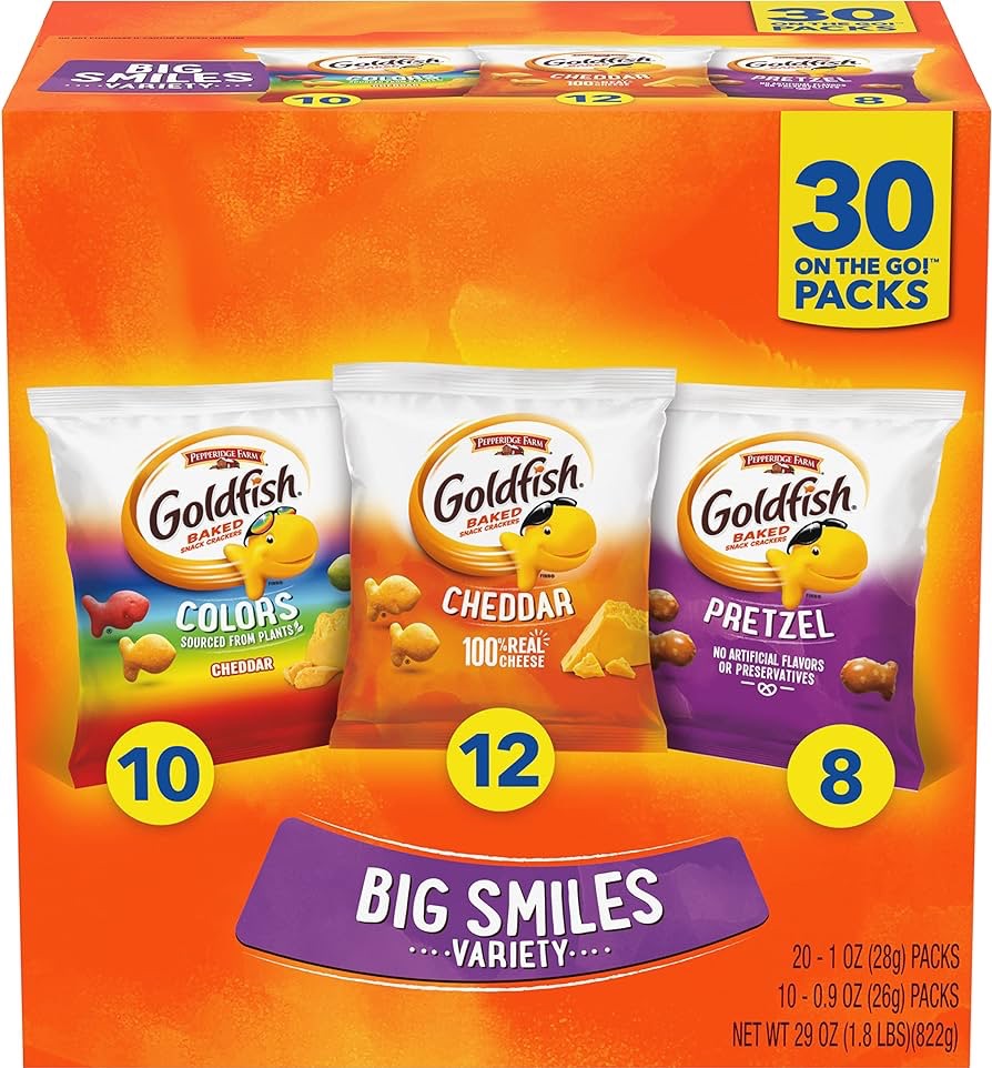 Amazon.com: Goldfish Crackers Big Smiles Variety Pack with Cheddar, Colors, and Pretzels, Snack Packs, 30 Ct