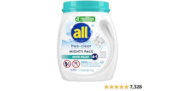 All Mighty Pacs Laundry Detergent Free Clear Odor Relief, Tub, 56 Count