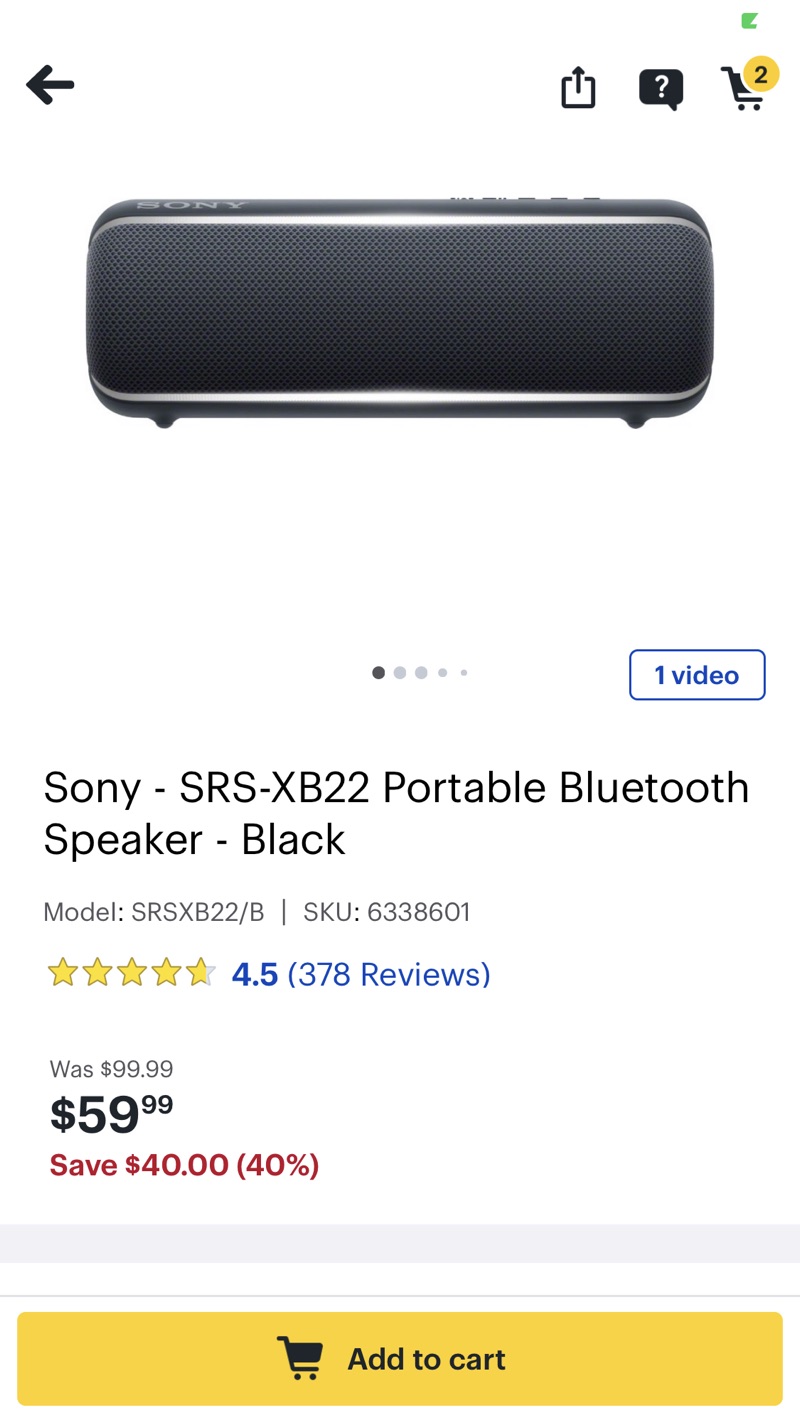 Sony SRS-XB22 Portable Bluetooth Speaker Black SRSXB22/B - Best Buy 原价99.99,现价59.99，降价40刀！