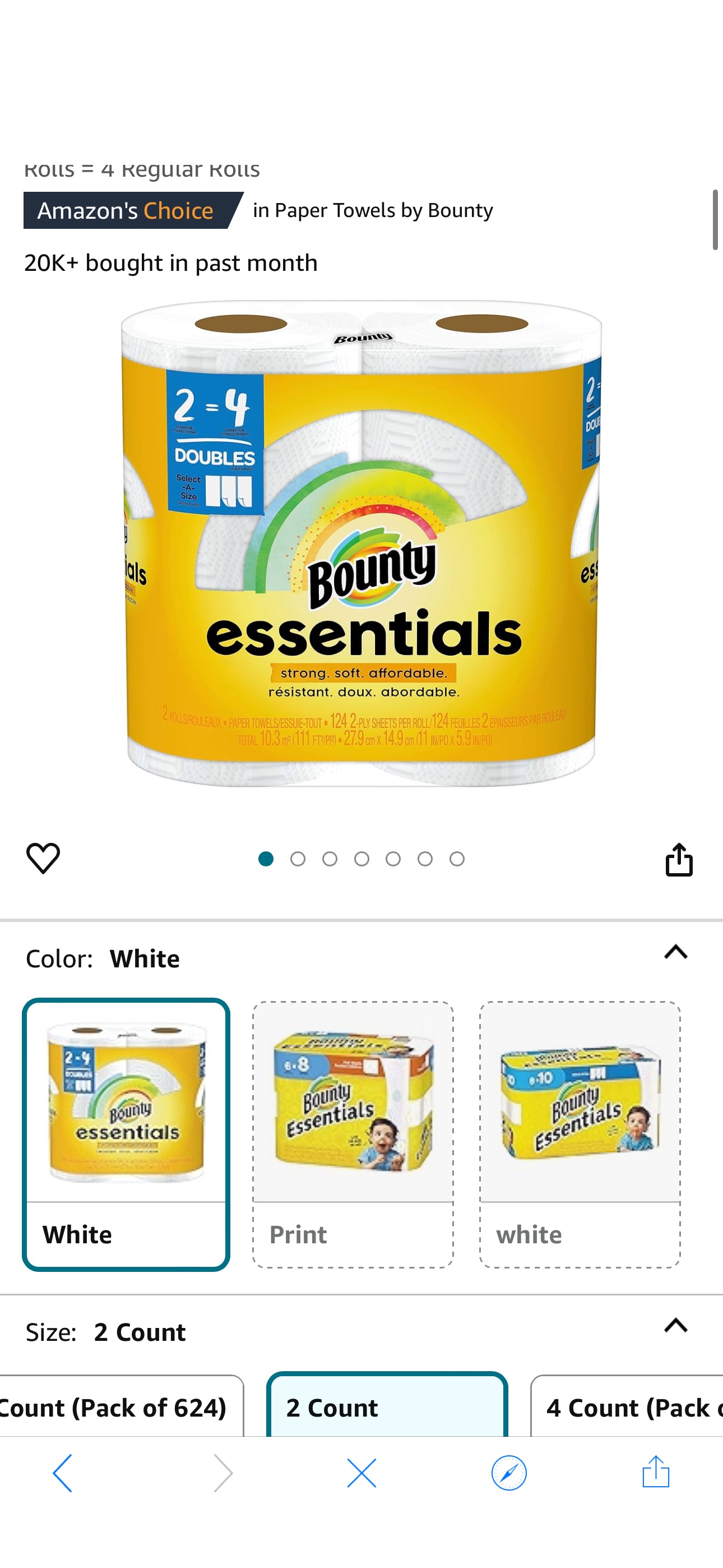 Amazon.com: Bounty Essentials Select-A-Size Paper Towels, White, 2 Double Rolls = 4 Regular Rolls : Health & Household