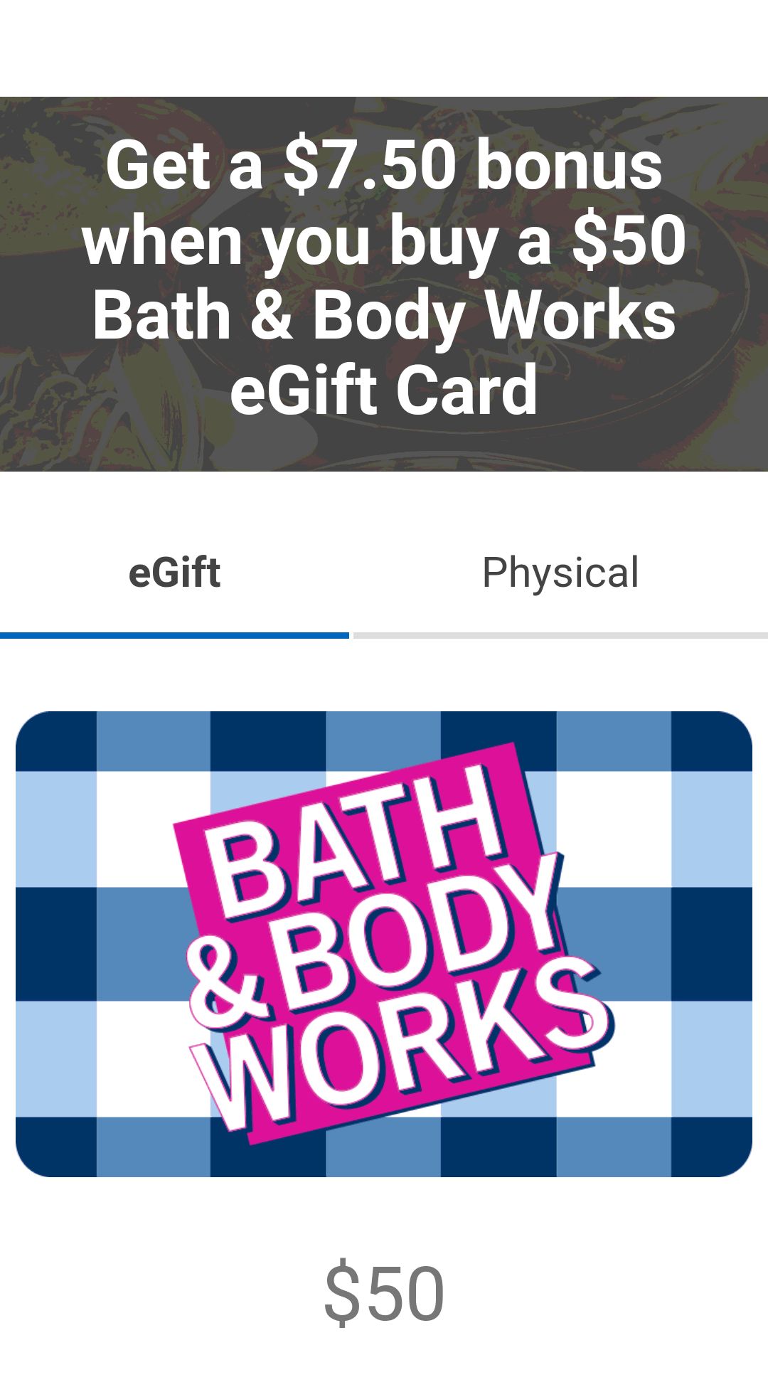Bath & Body Works 礼卡 买$50送$7.5 相当于8.7折