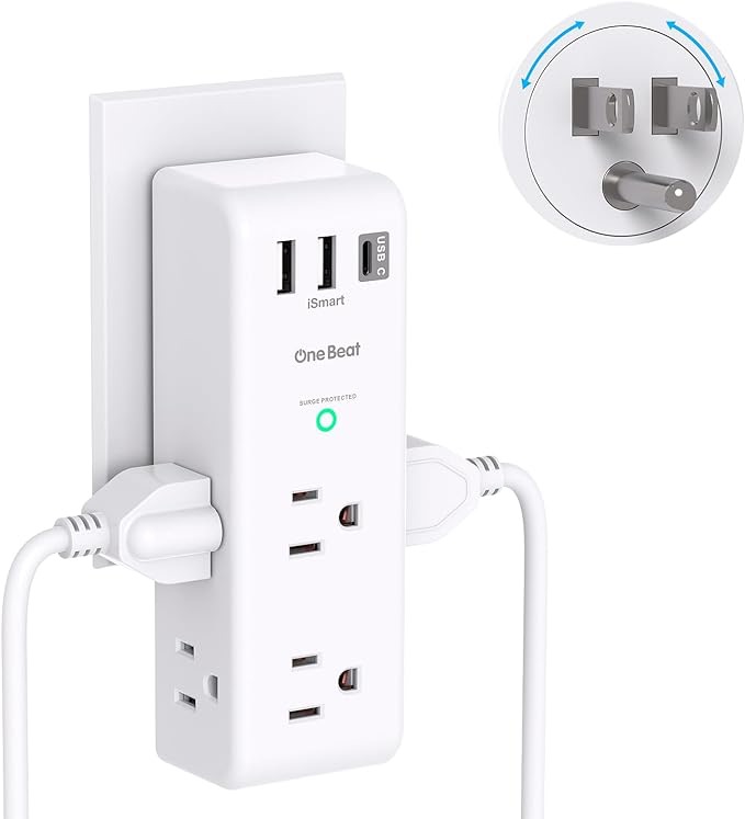 Surge Protector Outlet Extender - with Rotating Plug, 6 AC Multi Plug Outlet with 3 USB Ports (1 USB C), 1800 Joules, 3-Sided Swivel Power Strip with Spaced Outlet Splitter for Home, Office, Travel : 