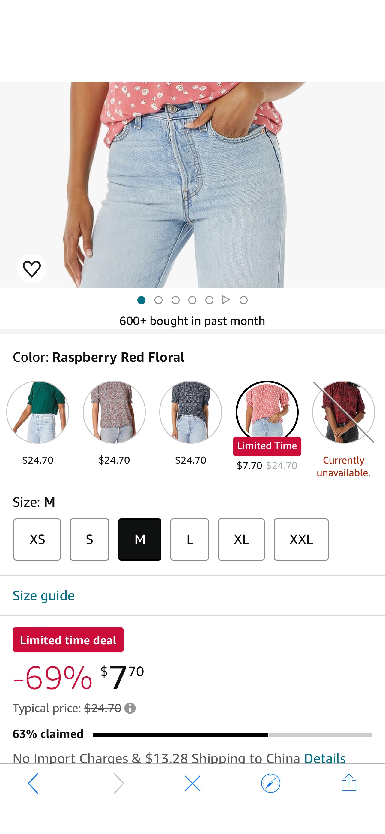 上衣Amazon Essentials Women's Fluid Twill Short Puff Sleeve Smock Detail Shirt, Raspberry Red Floral, Medium : Clothing, Shoes & Jewelry