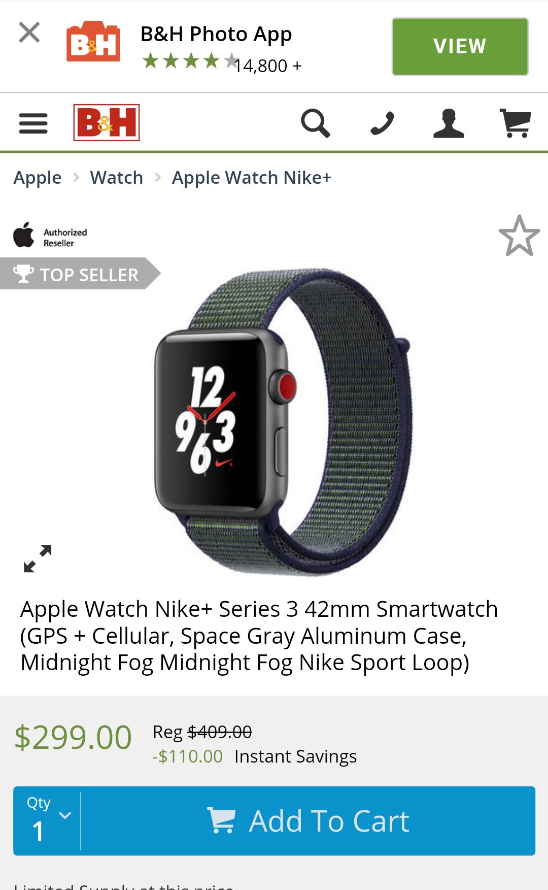 苹果智能手表 耐克系列+ series 3- Apple Watch Nike+ Series 3 42mm Smartwatch Mqlh2ll/a B&h Photo