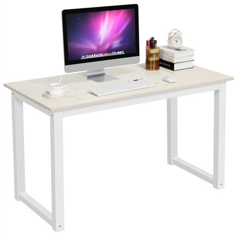 SmileMart Modern Home Office Computer Desk with White Metal Frame and Light Walnut Wood Top