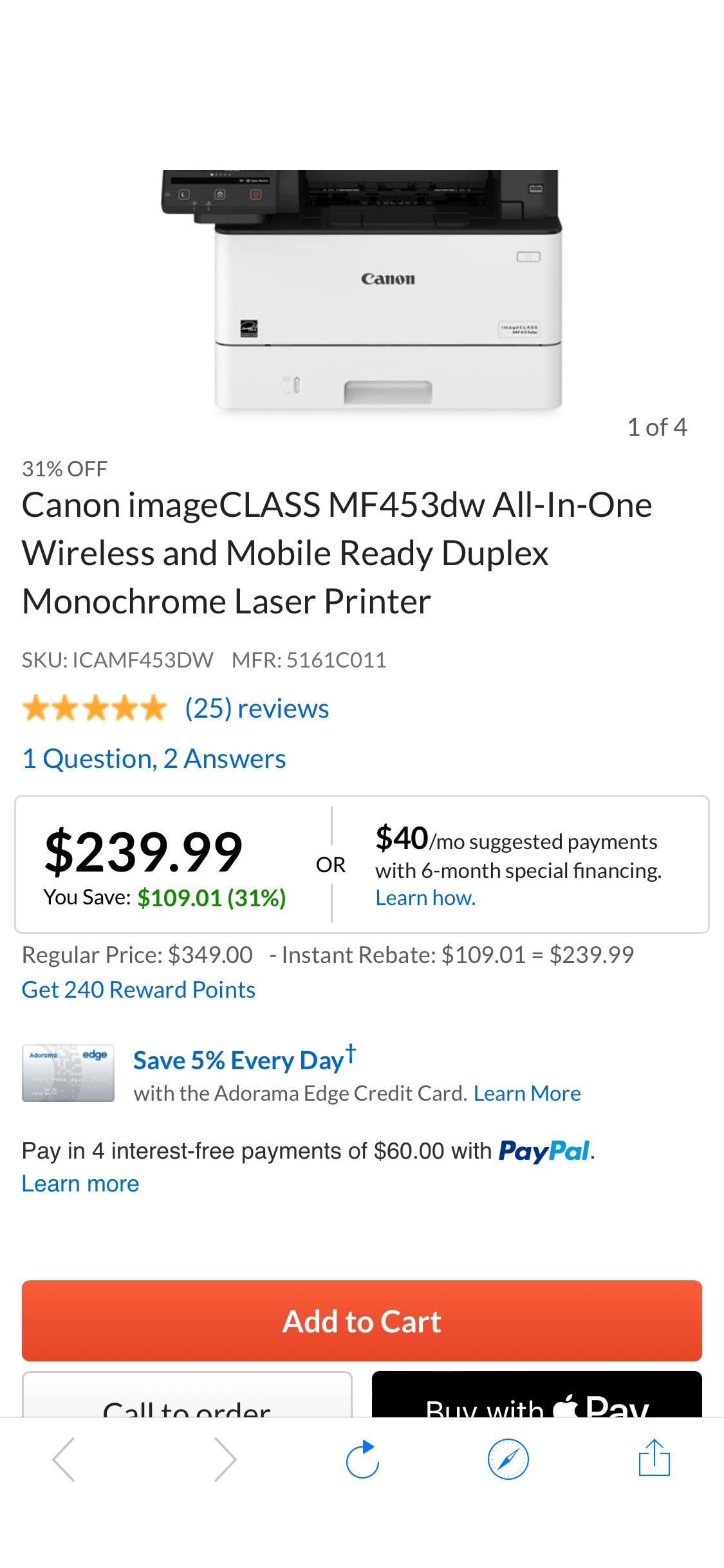 Canon imageCLASS MF453dw All-In-One Wireless Duplex Monochrome Laser Printer 5161C011