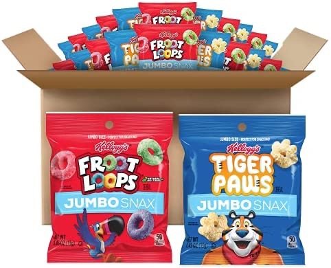 Kellogg's Jumbo Snax Cereal Snacks, Variety Pack, Tiger Paws, 1 Box (12 Pouches) and Froot Loops 2 Boxes (24 Pouches)