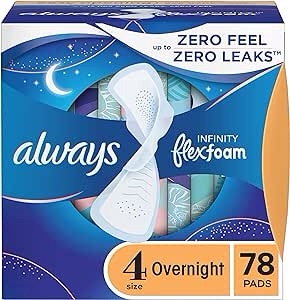 Amazon.com：女性永远无限女性垫，尺寸4隔夜吸收，多件装，带弹性泡沫，带翅膀，无香味，26个x 3包（共78个)