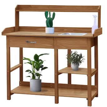 VEIKOUS Wooden Potting Bench Tables 42.1-in x 47.9-in x 15.3-in Natural Potting Bench in the Potting Benches department at Lowes.com