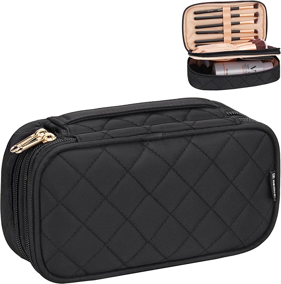 Amazon.com : Small Makeup Bag, Relavel Cosmetic Bag for Women 2 Layer Travel Makeup Organizer Black Handbag Purse Pouch Compact Capacity for Daily Use, Makeup Brush Holder, Waterproof Nylon, Durable Zipper (Black) : Beauty & Personal Care