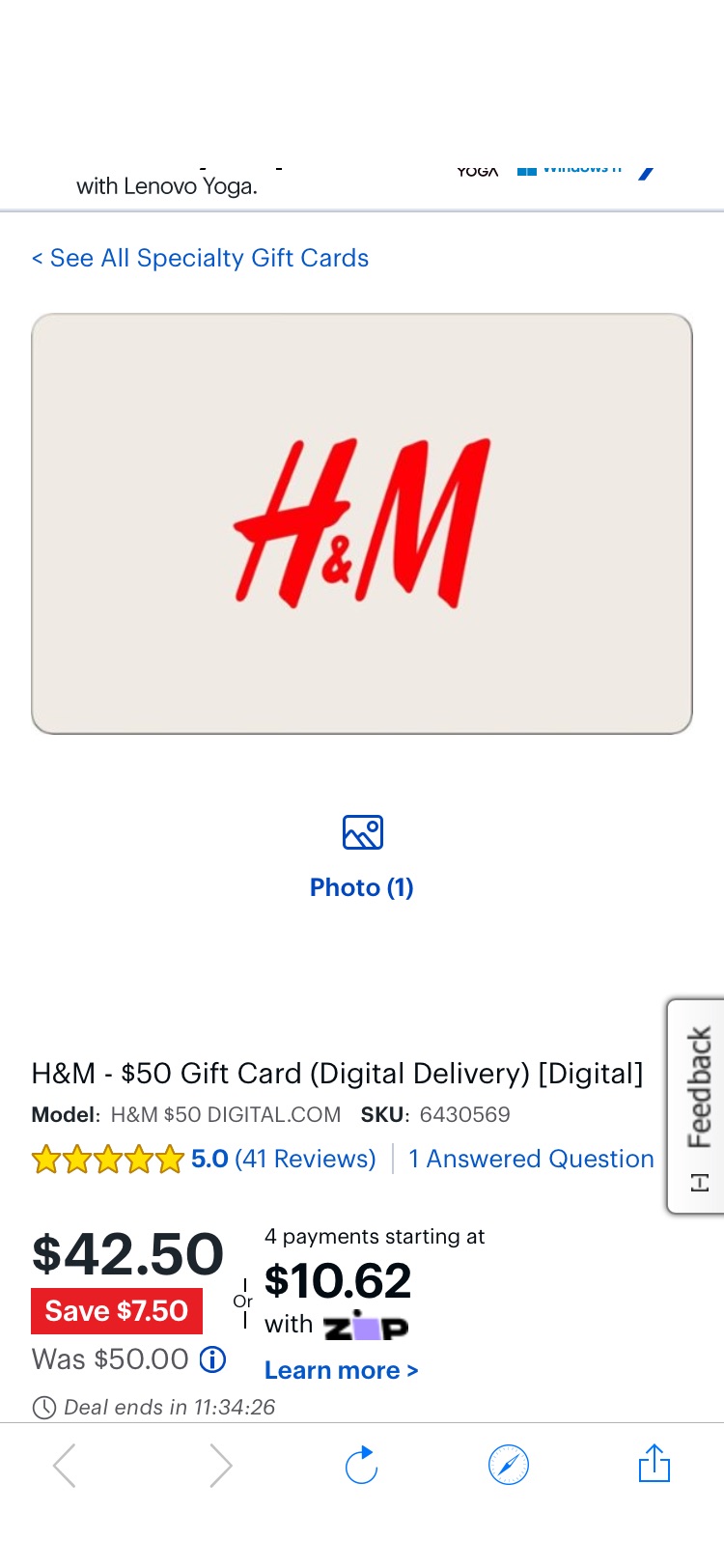 H&M $50 礼卡 42.5