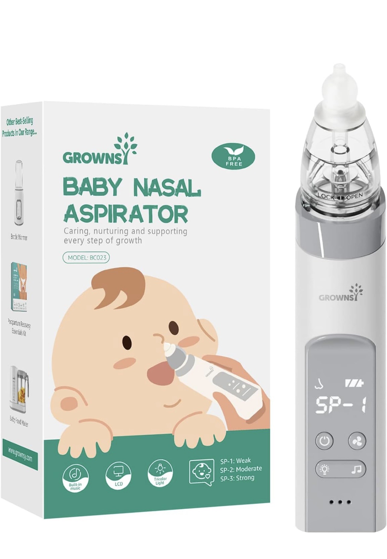 Amazon.com: GROWNSY Nasal Aspirator for Baby, Electric Nose Aspirator for Toddler, Baby Nose Sucker, Automatic Nose Cleaner with 3 Silicone Tips, Adjustable Suction Level, Music and Light Soothing Fun