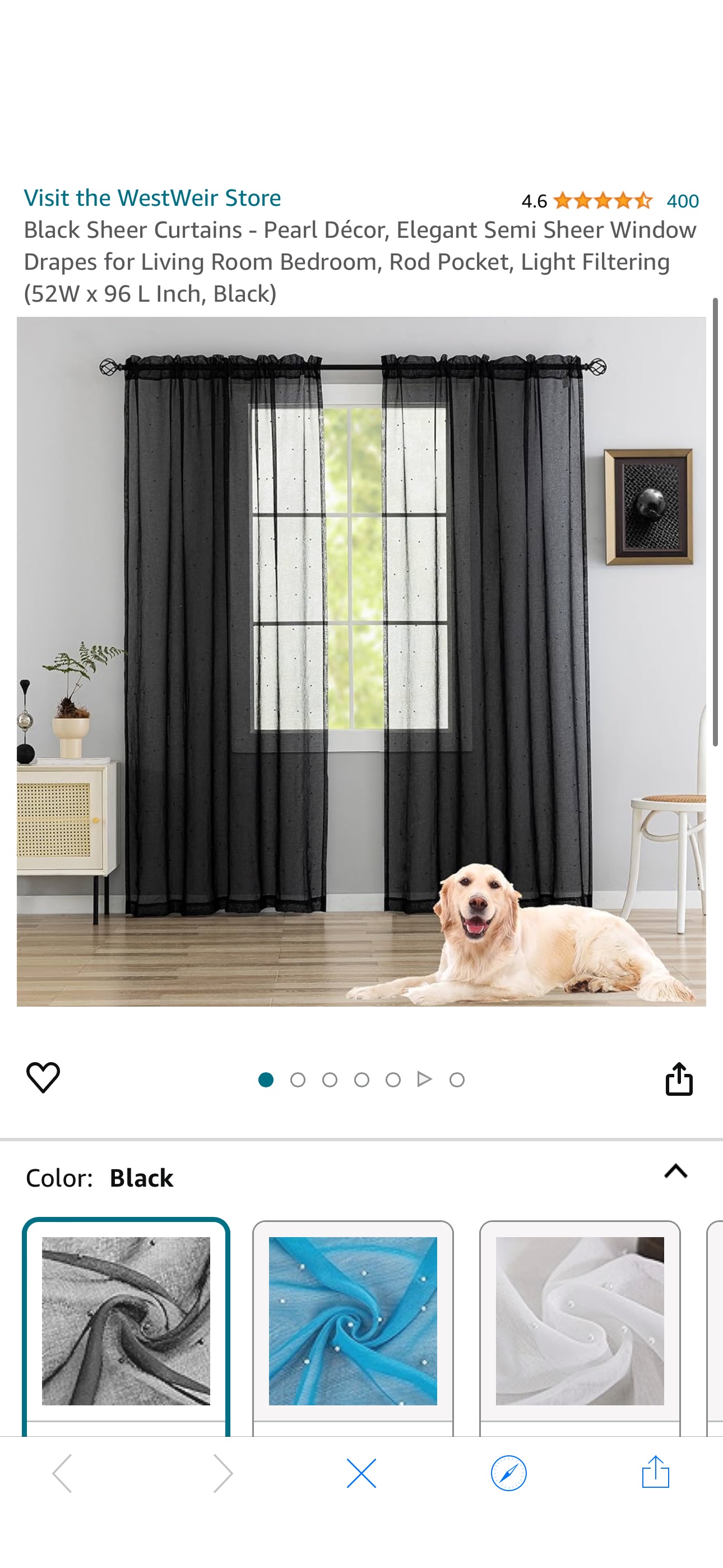 Amazon.com: WestWeir Black Sheer Curtains - Pearl Décor, Elegant Semi Sheer Window Drapes for Living Room Bedroom, Rod Pocket, Light Filtering (52W x 96 L Inch, Black) : Home & Kitchen