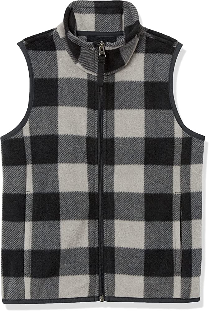 Amazon Essentials Boys' Polar Fleece Vest, Grey, Buffalo Check, Small 小孩 羊毛背心