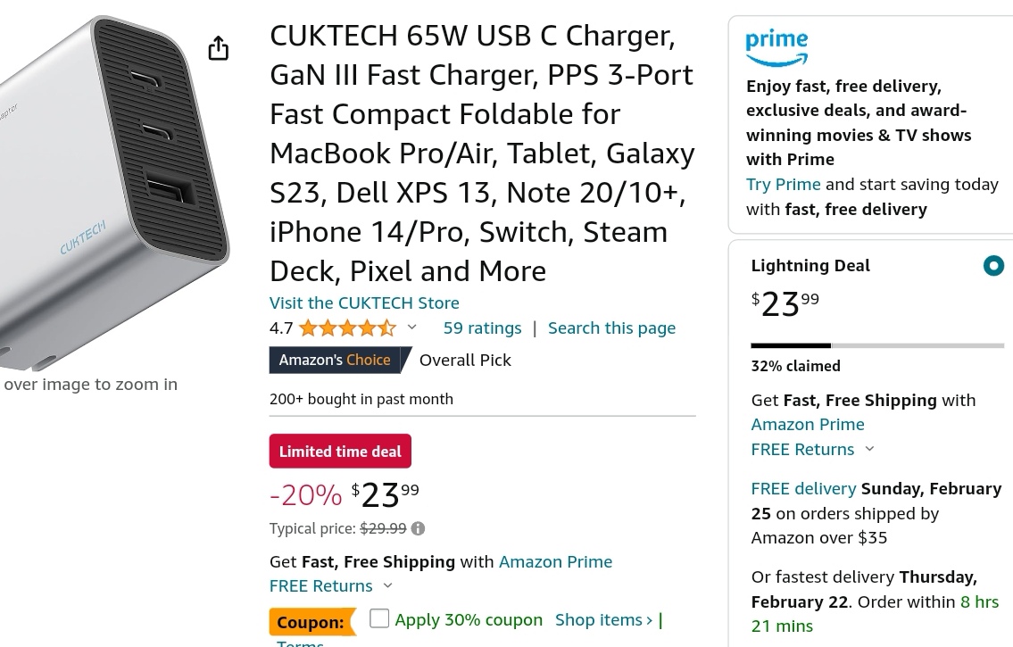 CUKTECH 65W USB C Charger, GaN III Fast Charger, PPS 3-Port Fast Compact Foldable for MacBook Pro/Air, Tablet, Galaxy S23, Dell XPS 13, Note 20/10+, iPhone 14/Pro, Switch, Steam Deck, Pixel and More :