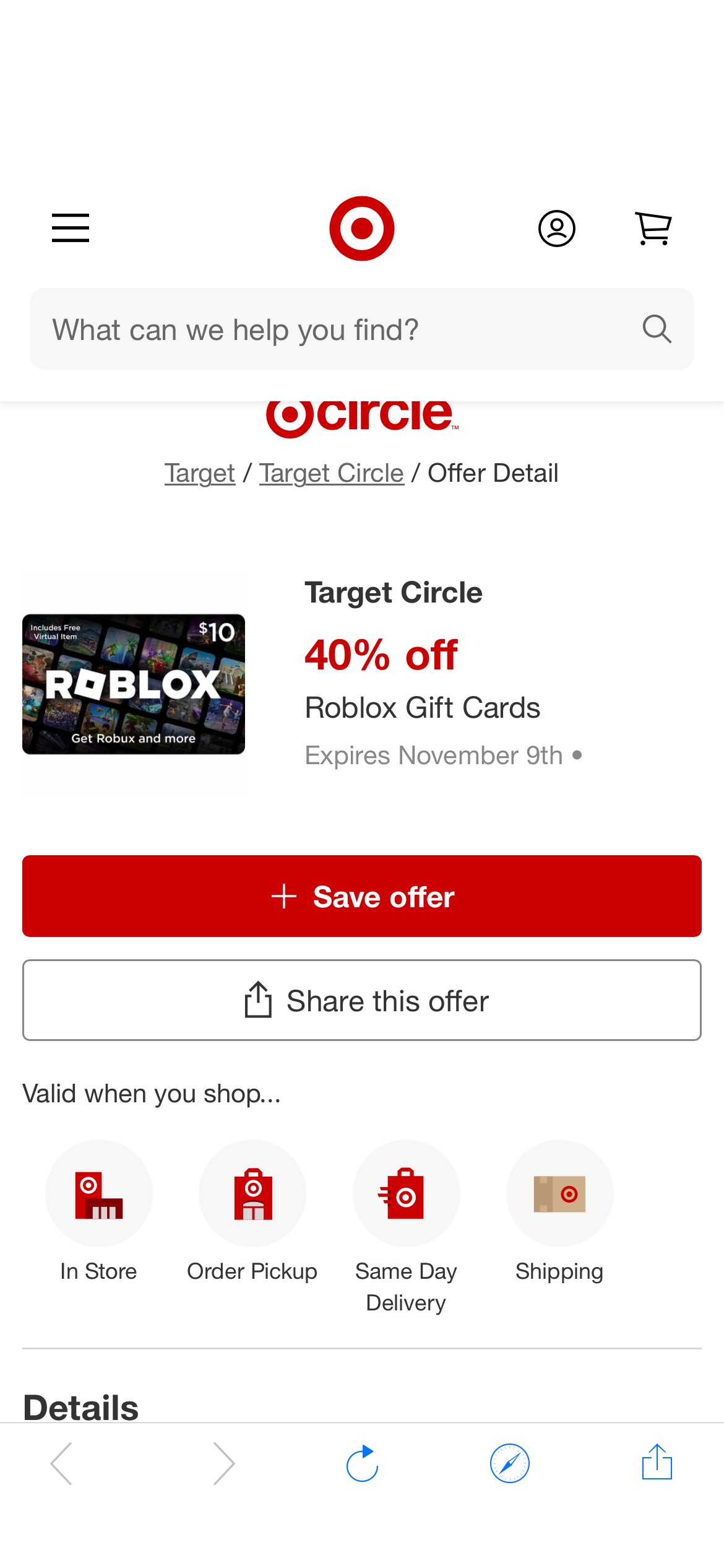 Target Roblox 礼卡 6折