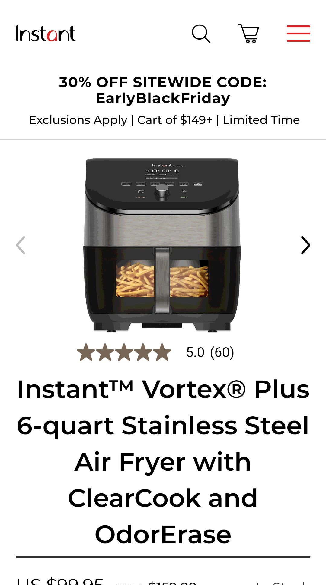 Instant™ Vortex® Plus 6-quart Stainless Steel Air Fryer with ClearCook and OdorErase | Instant Home