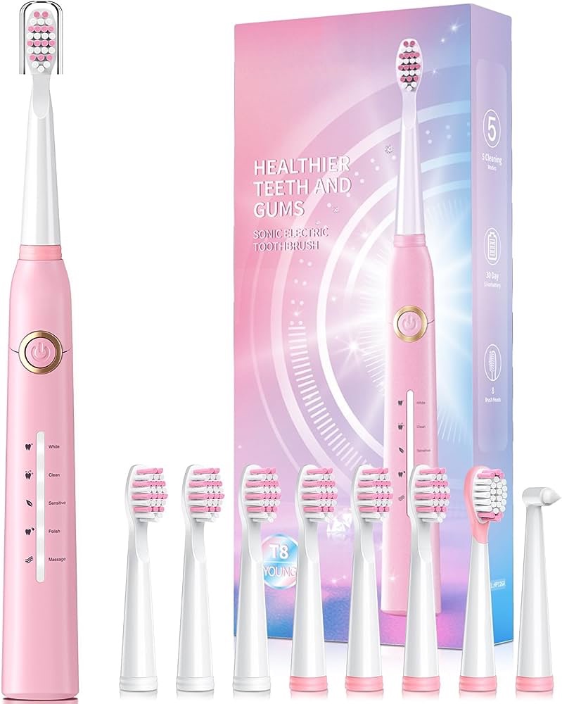 Amazon.com: TEETHEORY Upgraded Version-Sonic Electric Toothbrush for Adults with 8 Brush Heads, Power Electric Toothbrush with 40000 VPM 5 Modes, Rechargeable Fast Charge 4 Hours (Pink) : 电动牙刷