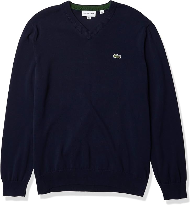 Lacoste Men's Long Sleeve Regular Fit V-Neck Organic Cotton Sweater, Navy Blue, Large at Amazon Men’s Clothing store